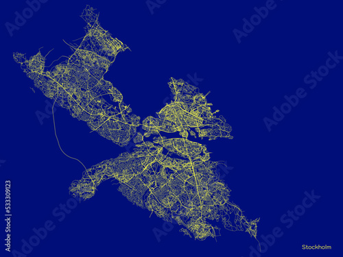 Stockholm city map with roads and streets, Sweden. Vector outline illustration.