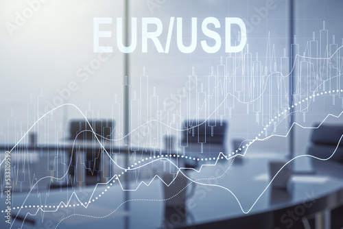EURO USD financial graph illustration on a modern coworking room background, forex and currency concept. Multiexposure