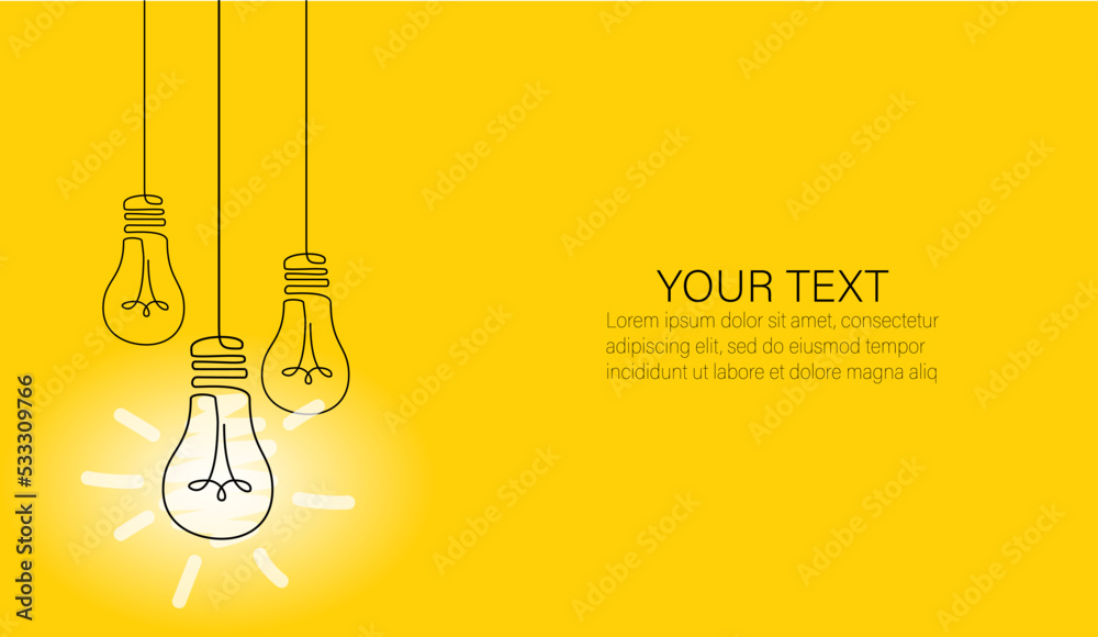 Light bulb one line icons with concept of idea. Innovation creative ideas. Idea banner with lamps. Doodle hand drawn sign. Process to supply electricity to lightbulb. Vector illustration. Template Light bulb one line icons with concept of idea. Innovation creative ideas. Idea banner with lamps. Doodle hand drawn sign. Process to supply electricity to lightbulb. Vector illustration. Template