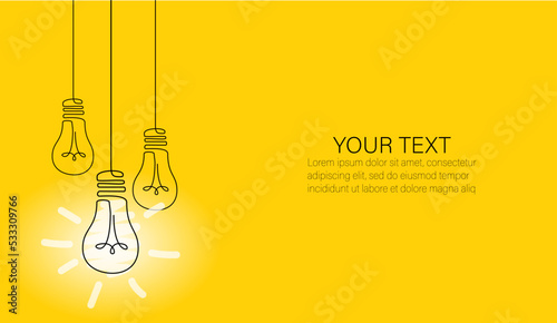 Light bulb one line icons with concept of idea. Innovation creative ideas. Idea banner with lamps. Doodle hand drawn sign. Process to supply electricity to lightbulb. Vector illustration. Template