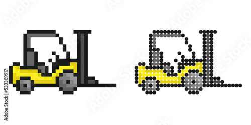 Pixel icon. Forklift to move goods around the warehouse. Transport for unloading and transporting. Simple retro game vector isolated on white background