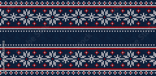 Ugly sweater Christmas party border. Knitted background pattern scandinavian ornaments.