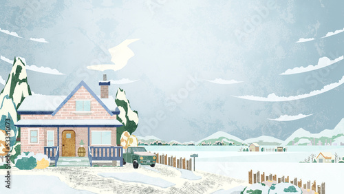 雪の積もる風景手書き水彩風イラスト