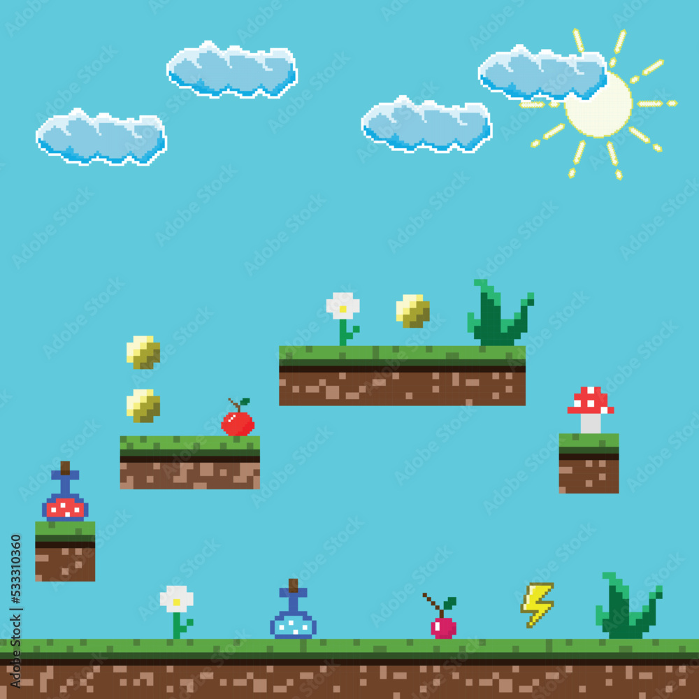 Pixel game background with ground, grass, sky and props. Vector illustration