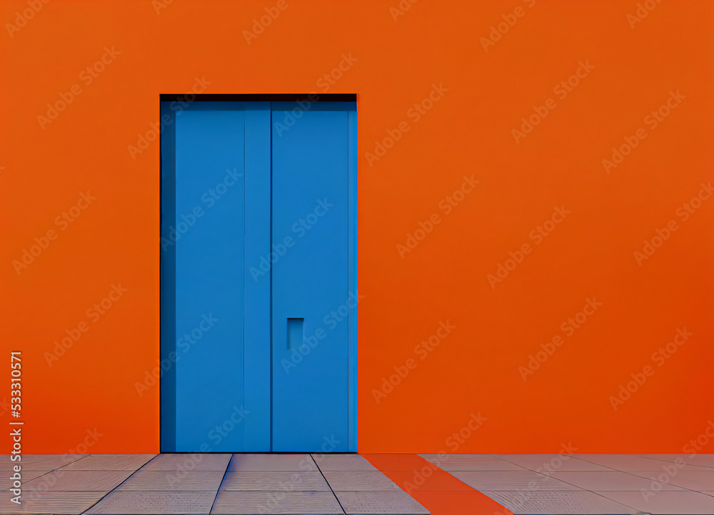 Blue door on an orange facade, minimalist, traditional architecture and decoration, 3D rendering Blue door on an orange facade, minimalist, traditional architecture and decoration, 3D rendering