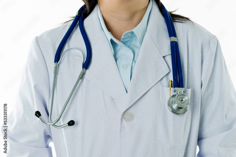 Close up of doctor holding a stethoscope on white background Close up of doctor holding a stethoscope on white background
