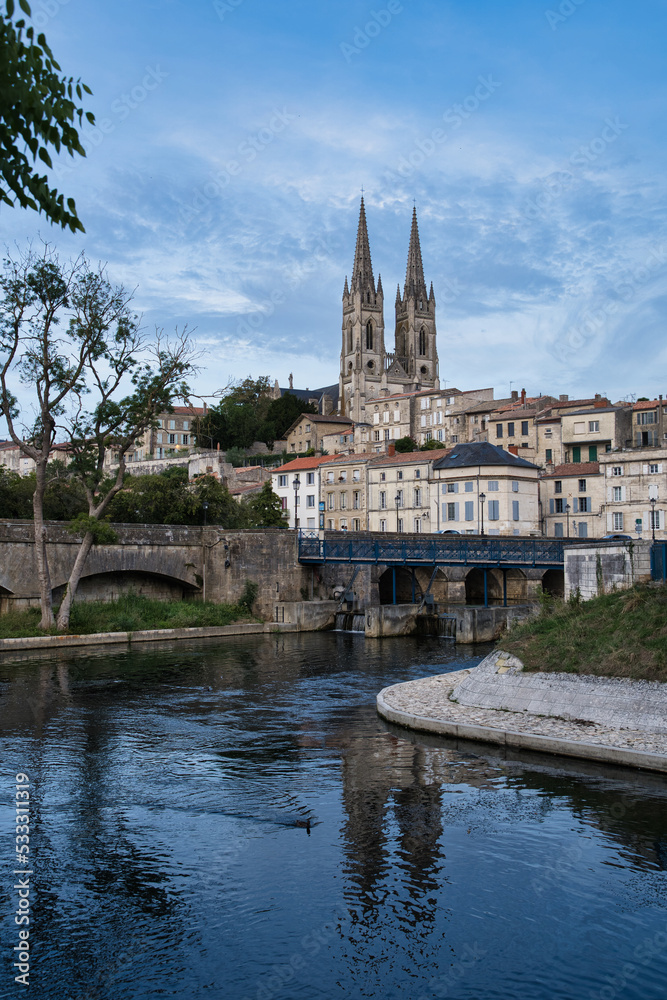 A view of Niort from the quay of Sevre Niortaise river, Deux-Sevres, Poitou-Charentes region, France
