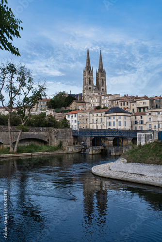 A view of Niort from the quay of Sevre Niortaise river, Deux-Sevres, Poitou-Charentes region, France 