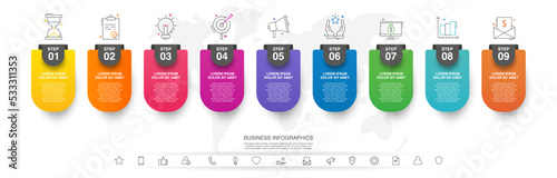 Vector infographic flat template label for nine steps, diagram, graph, presentation. Business concept with 9 options. For content, flowchart, timeline, workflow, and marketing. EPS10