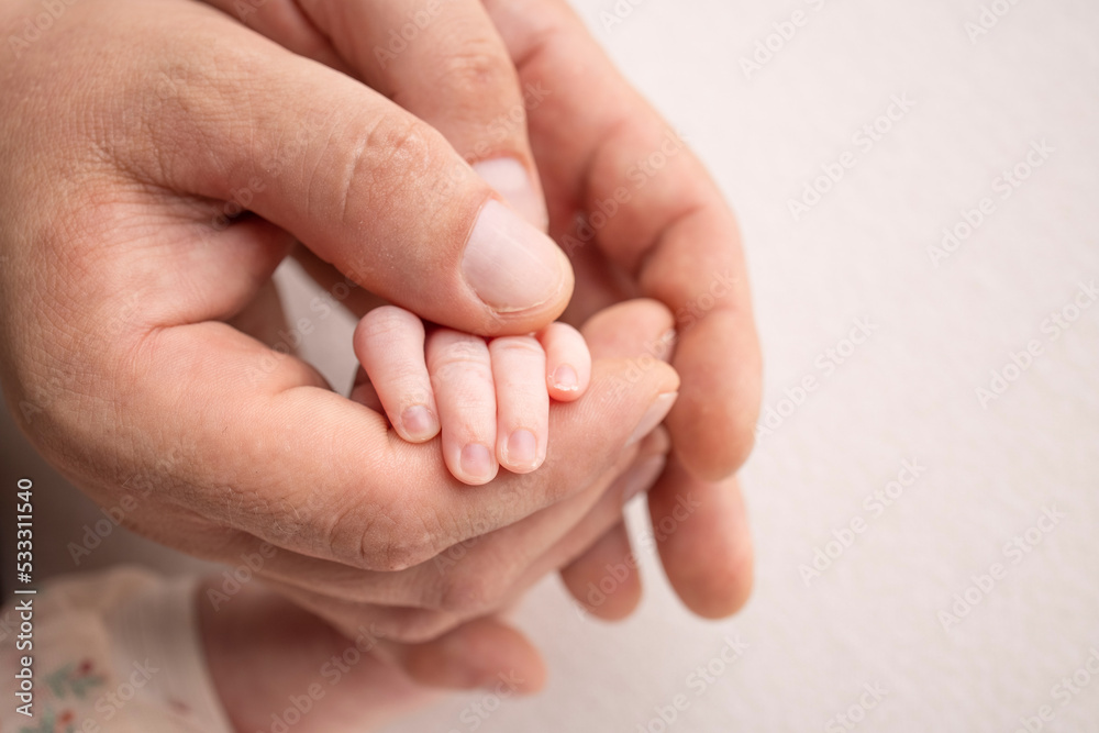 The hand of a sleeping newborn in the hand of parents, mother and father close-up. Tiny fingers of a newborn. The family is holding hands. Studio macro photography. Concepts of family and love.