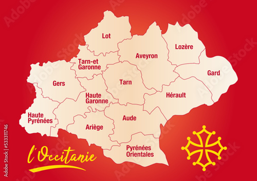 Carte région de l'Occitanie, Lot, Aveyron, Lozère, Gard, Hérault, Haute-Garonne, Tarn-et-Garonne, Gers, Haute-Pyrénées, Ariège, Aude, Pyrénées-Orientales photo
