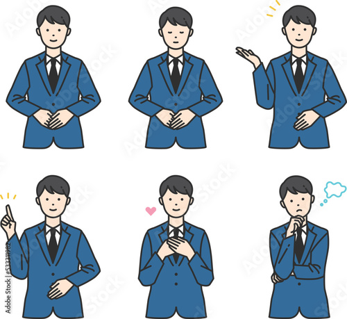 	顧客の案内をする清潔感あるスーツ姿のビジネスパーソンのイラストセット