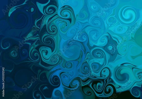 Abstract turquoise blue liquid marble swirling texture background or wallpaper.