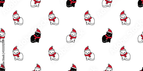 cat seamless pattern christmas santa claus hat scarf vector kitten calico cartoon tile background scarf isolated gift wrapping paper repeat wallpaper illustration design
