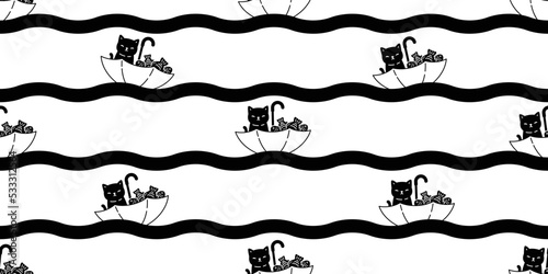 cat seamless pattern kitten umbrella fishing fish wave calico vector pet scarf isolated repeat background cartoon animal tile wallpaper gift wrapping paper illustration doodle design