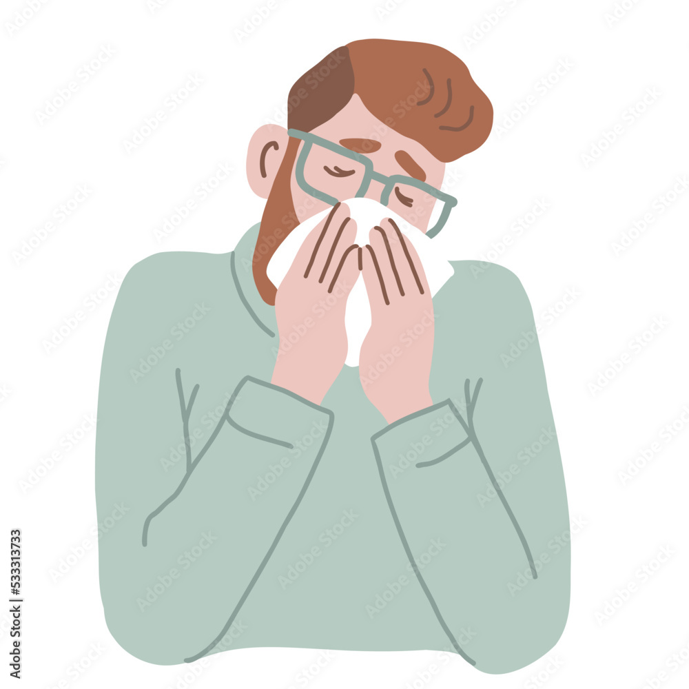 Male character sneezing or coughing. Man blowing his nose in handkerchief. Flat vector illustration Male character sneezing or coughing. Man blowing his nose in handkerchief. Flat vector illustration