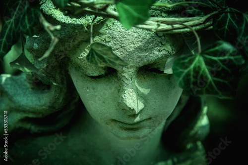 The face of a fragile beautiful guardian angel in a wreath of ivy. Horizontal image.