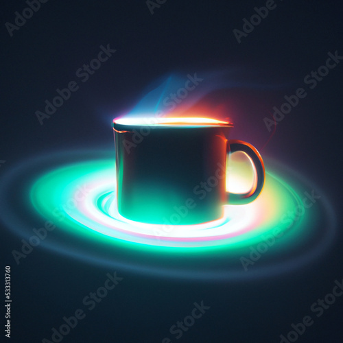 Digital Illustration of a Coffee cup in abstract dark space, with vivid neon, rings around it. A divine whisp of steaming smoke, like a galaxy coming out of the cup. Coffee cup powered by divine energ