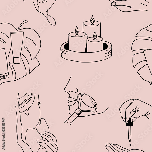 Spa and skin care seamless pattern. Background with cosmetic products and face care procedures. Line art vector illustration