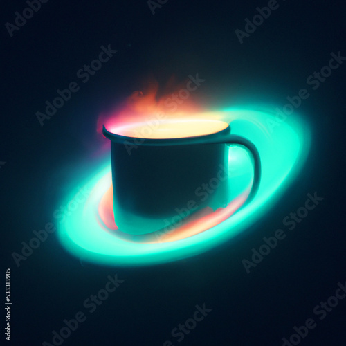 Digital Illustration of a Coffee cup in abstract dark space, with vivid neon, rings around it. A divine whisp of steaming smoke, like a galaxy coming out of the cup. Coffee cup powered by divine energ