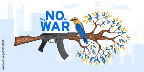 Say no to war, weapon with tree branches, concept art, Calling for peace in Ukraine