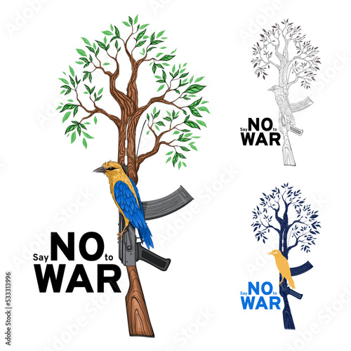 Say no to war, weapon with tree branches, concept art, Calling for peace in Ukraine