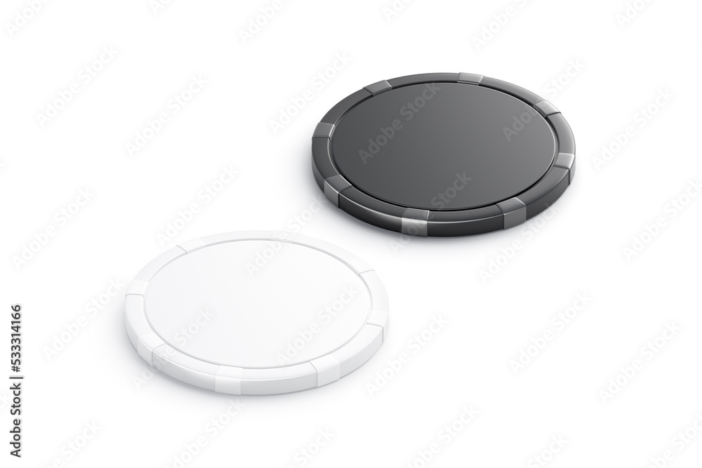 Blank black and white plastic round chip mockup, side view Blank black and white plastic round chip mockup, side view