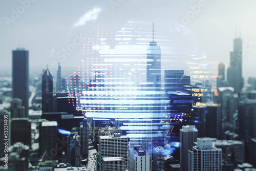 Multi exposure of abstract software development hologram and world map on Chicago skyscrapers background, global research and analytics concept