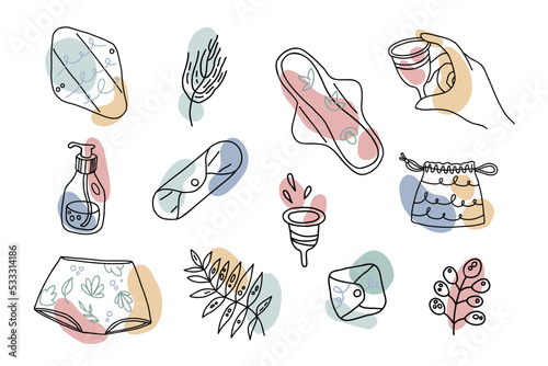 Zero waste period care set. Collection of eco friendly female hygiene products. Hand drawn doodle vector illustration