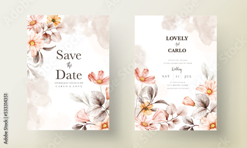 Beautiful floral wedding invitation card with coral color