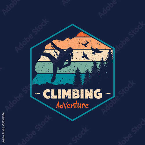 Rock Climbing Retro Vintage, hand drawn line style with digital color, vector illustration