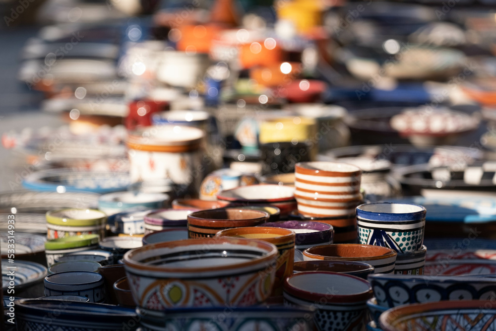 Ceramic stall in a medieval market. craft market Ceramic stall in a medieval market. craft market