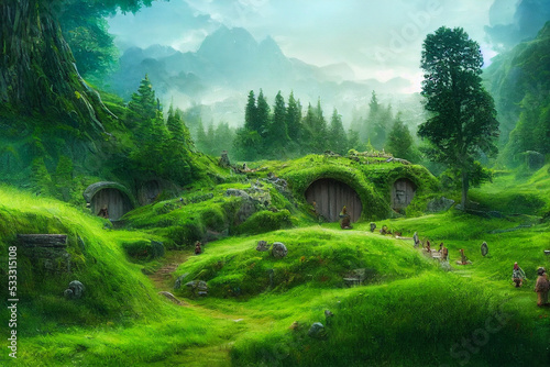 A green landscape with hobbit houses