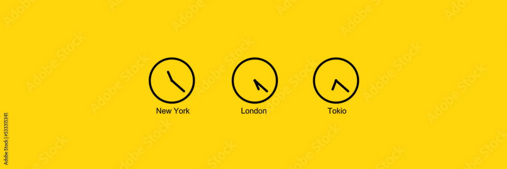 A clock with different time indications on a yellow background. time zone of New York, London and Tokyo. Banner for insertion into site. Place for text cope space. 3d image. 3D visualization A clock with different time indications on a yellow background. time zone of New York, London and Tokyo. Banner for insertion into site. Place for text cope space. 3d image. 3D visualization