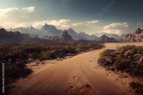 A winding road with mountains in the background. 