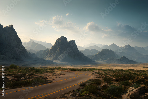 A winding road with mountains in the background. 