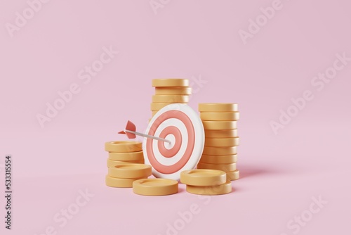Stacking money coins with target dartboard and arrow on pink background. Business and finance strategy, money savings concept. Investment management marketing and goal. 3d rendering