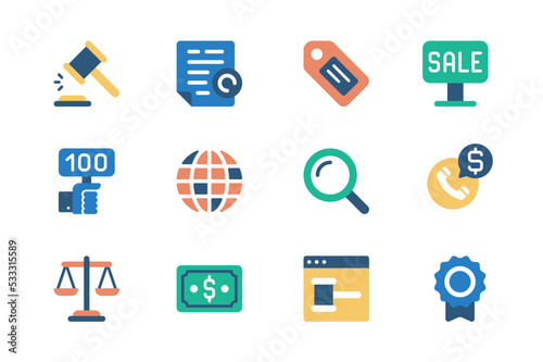 Auction concept of web icons set in simple flat design. Pack of gavel, document, label tag, sale, bidding, search, call, money, cash, online auction page and other. Vector pictograms for mobile app