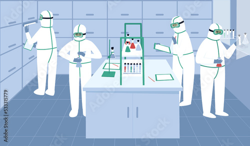 Laboratory assistants stand with test tubes in a protective suit, gloves and a mask near the desktop. Laboratory workers in protective suits are conducting research. Flat vector illustration.