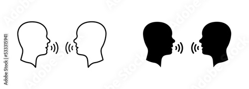 Two Man Talk Silhouette and Line Icon. People Face Head in Profile Speak Pictogram. Person Conversation Speech Icon. Communication Discussion. Editable Stroke. Isolated Vector Illustration