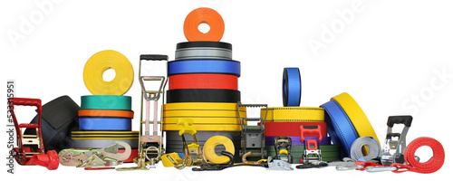 Cargo lashing equipment banner. cargo lashing ratchet straps, lashing hooks, ladder buckles, cam buckle isolated on white backgrounds..Truck Strap for Pallets