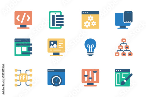 Design and development concept of web icons set in simple flat design. Pack of coding, programming, settings, optimization, generate idea, engineering and other. Vector pictograms for mobile app