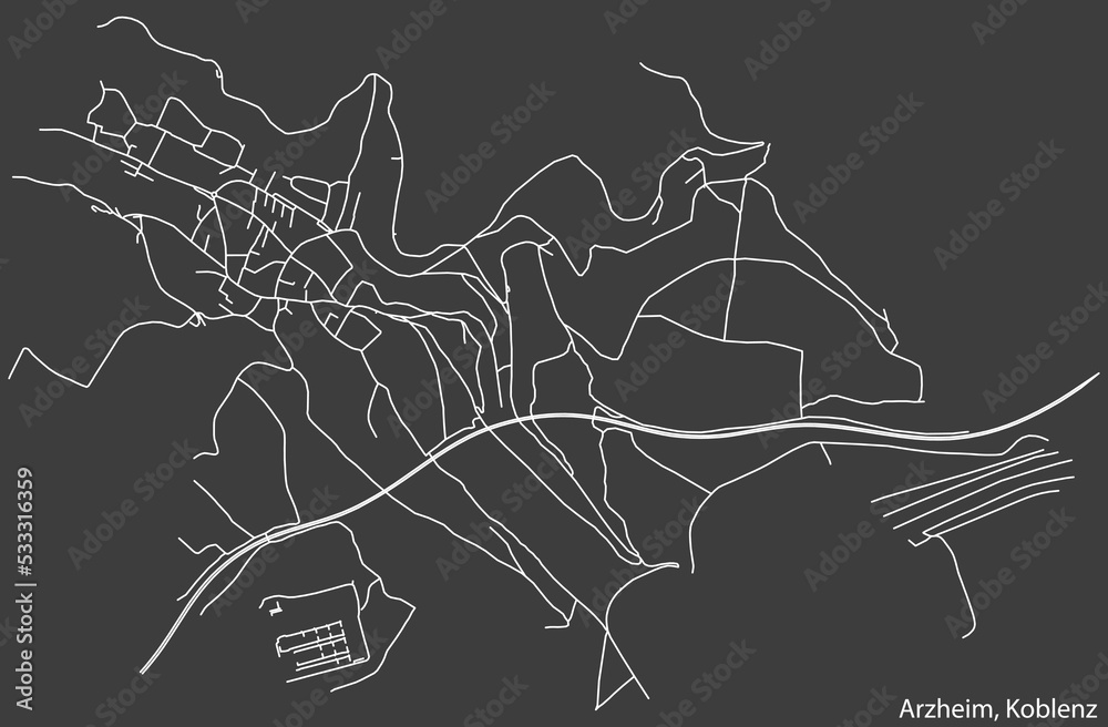 Detailed negative navigation white lines urban street roads map of the ARZHEIM QUARTER of the German regional capital city of Koblenz, Germany on dark gray background