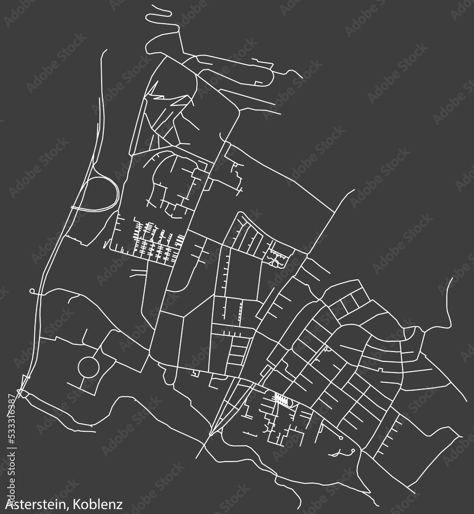 Detailed negative navigation white lines urban street roads map of the ASTERSTEIN QUARTER of the German regional capital city of Koblenz, Germany on dark gray background