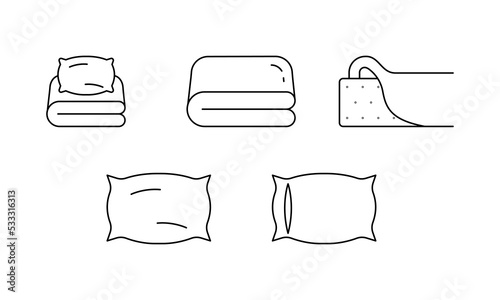 Simple bed linen set, vector outline icons. EPS 10. With pillows, pillow case... Bed sheet symbol... Warm blanket sign.. Isolated black illustration.. On white background. For dev, app, design, web.