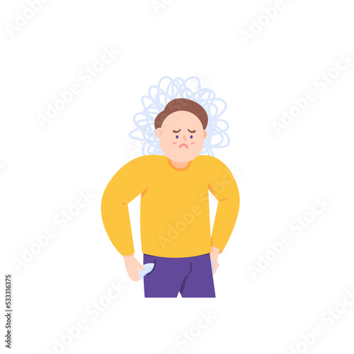 a man who is confused, dizzy, stressed or depressed because he ran out of money in his pants pocket. have no money or no income. Financial Problem. economy Crysis. character concept illustration