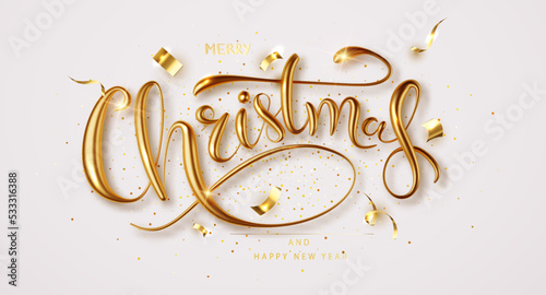 Merry Christmas banner template on dark background. Gold calligraphy lettering greeting card concept.