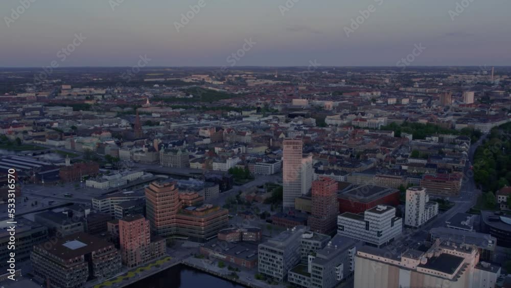 Aerial view over Malmö, Malmö university, Clarion Hotel. Evening Aerial view over Malmö, Malmö university, Clarion Hotel. Evening