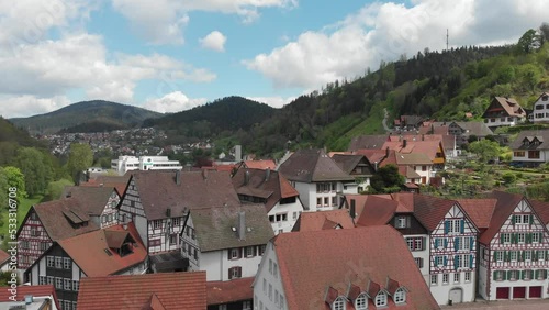 Aerial view of typical half-timbered german houses in village among valley (Schiltach, Black Forest) photo