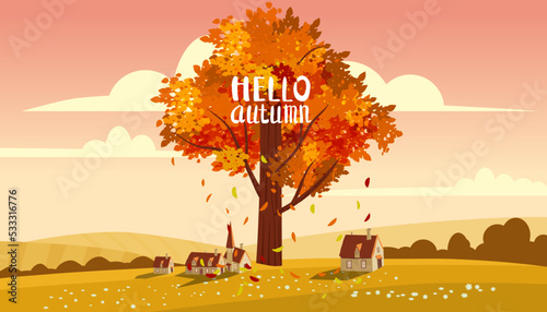Hello Autumn landscape countryside farm scene, poster. Rural fall view fields